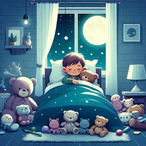 A charming illustration depicts a child named Benny nestled in bed, surrounded by stuffed animals and toys. Moonlight softly illuminates the room as Benny closes his eyes with a contented smile, embarking on a magical adventure in dreamland. This delightful scene captures the warmth and wonder of bedtime, inviting children to embrace the joy of snoozing and dreaming
