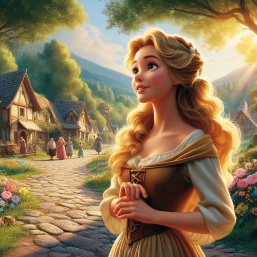 In the painting, Beauty, a young woman with golden hair, stands next to the Beast, a towering figure with fur-covered limbs and glowing eyes. They are in a castle courtyard illuminated by the soft light of the moon. Surrounding them are lush roses in shades of red and gold, their petals catching the moonlight. The scene exudes an air of mystery and enchantment, inviting viewers into the timeless tale of love and redemption.